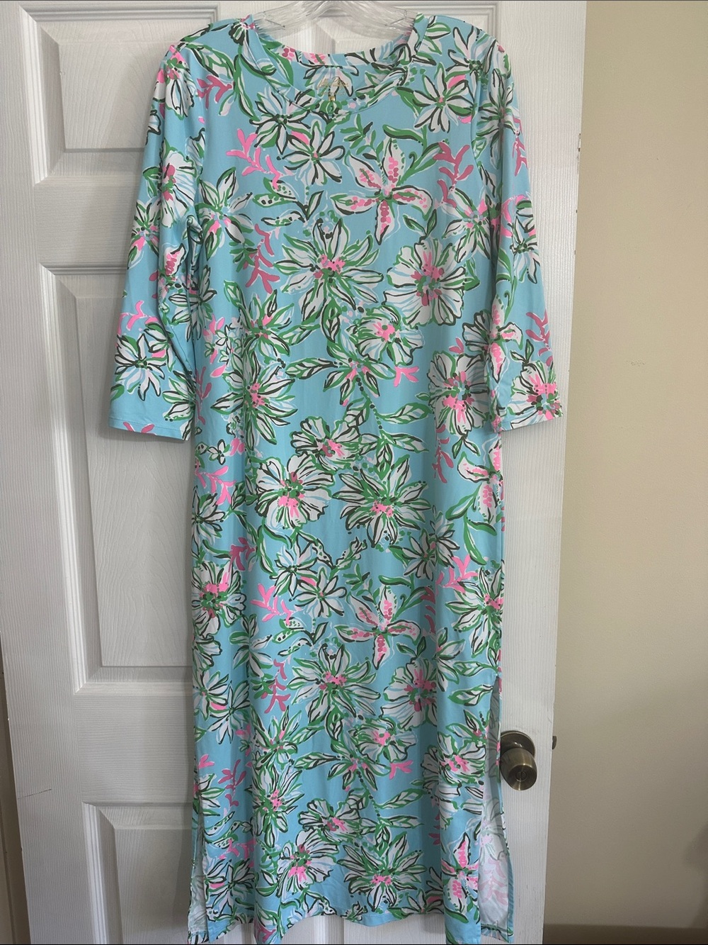 Lilly Pulitzer Light Blue Maxi Dress with Pink & Green Floral Print